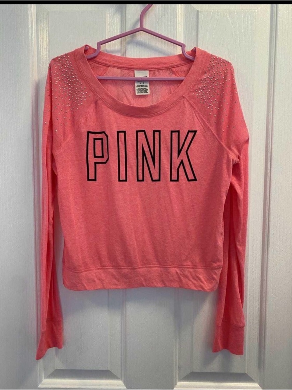 PINK Victoria's Secret Coral Pink Long Sleeve Logo Top with Rhinestones